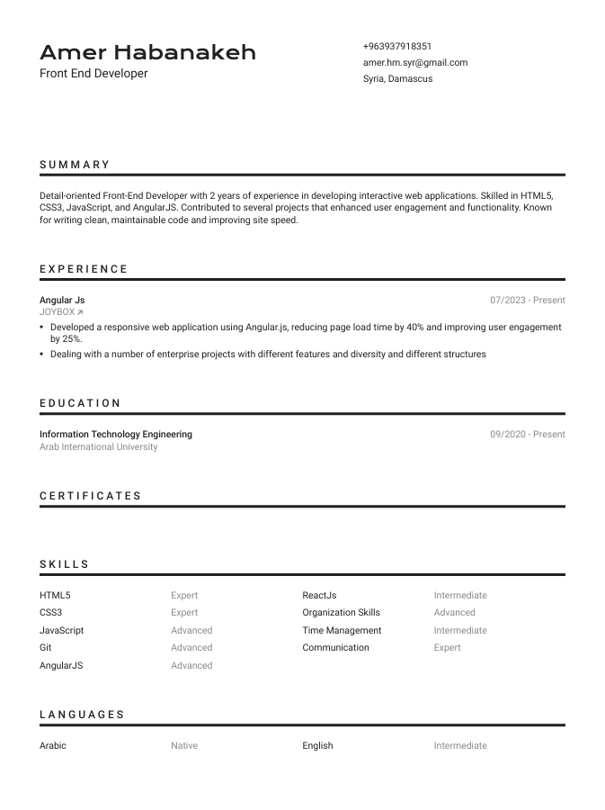 First Page of CV